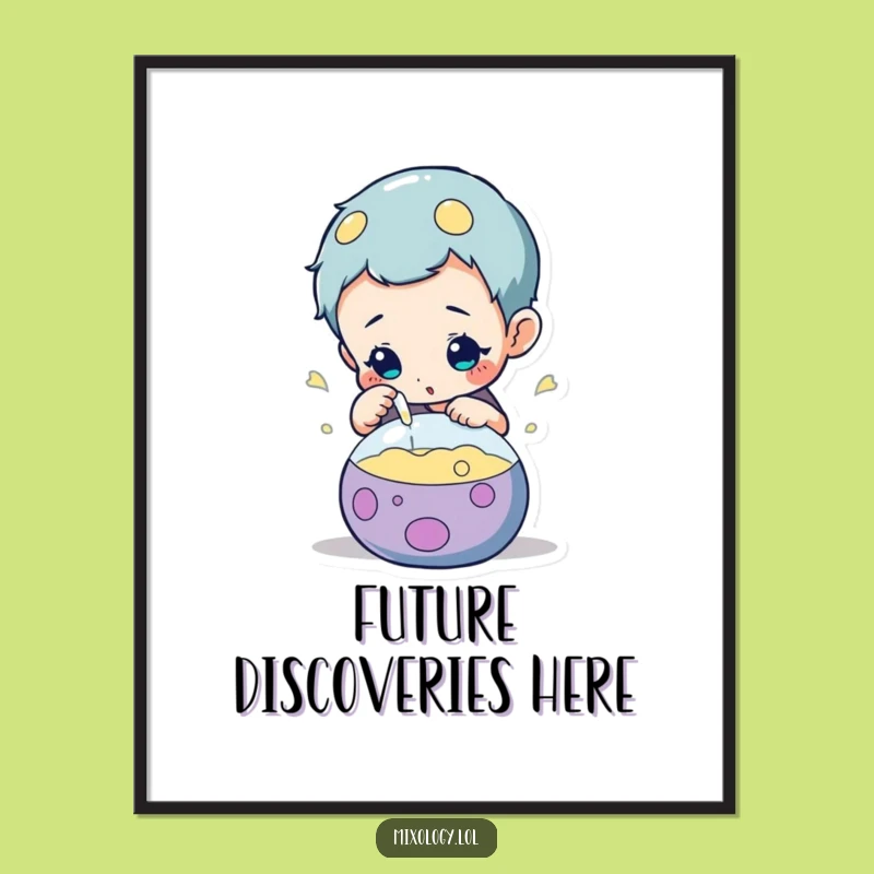 Funny Experiment Poster: Curious character inspecting bubbling concoction, unique wall art gift.