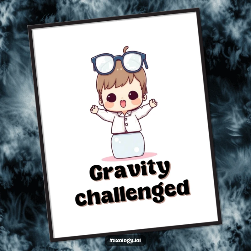 Funny Poster print of a character with a triumphant grin, balancing an impossibly tall tower of different types of drinking glasses.