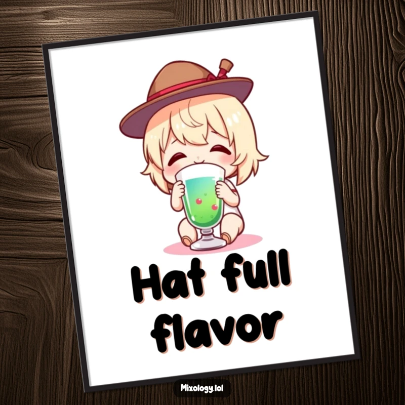 Funny Poster featuring a charming figure wearing a tiny hat, happily tasting a colorful drink with a joyful smile.