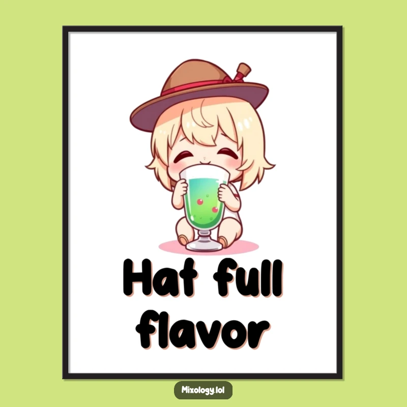 Funny Tiny Hat Delight Poster: Charming Figure's Smiling Sip, Striking Funny Gift