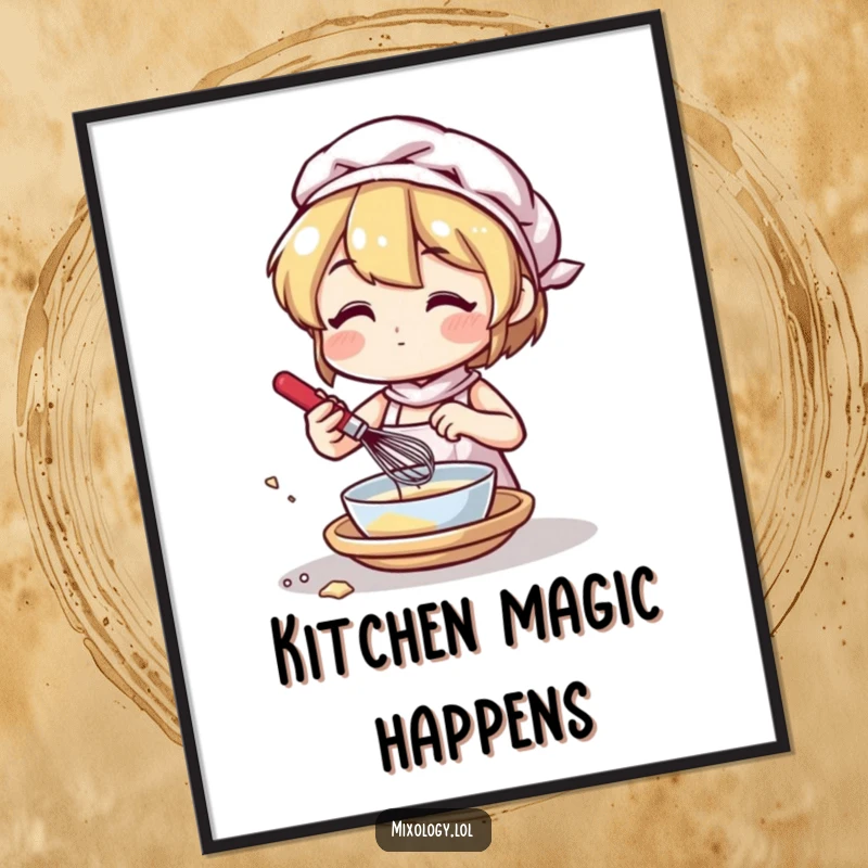 Funny poster print of a character mixing ingredients with a small whisk, perfect for adding charming kitchen decor.