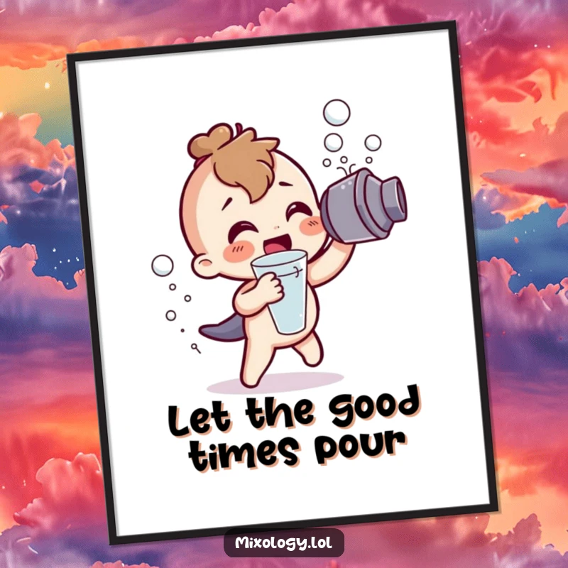 Funny Poster: A cute character energetically shaking a cocktail shaker, with frothy bubbles erupting, a humorous celebration.