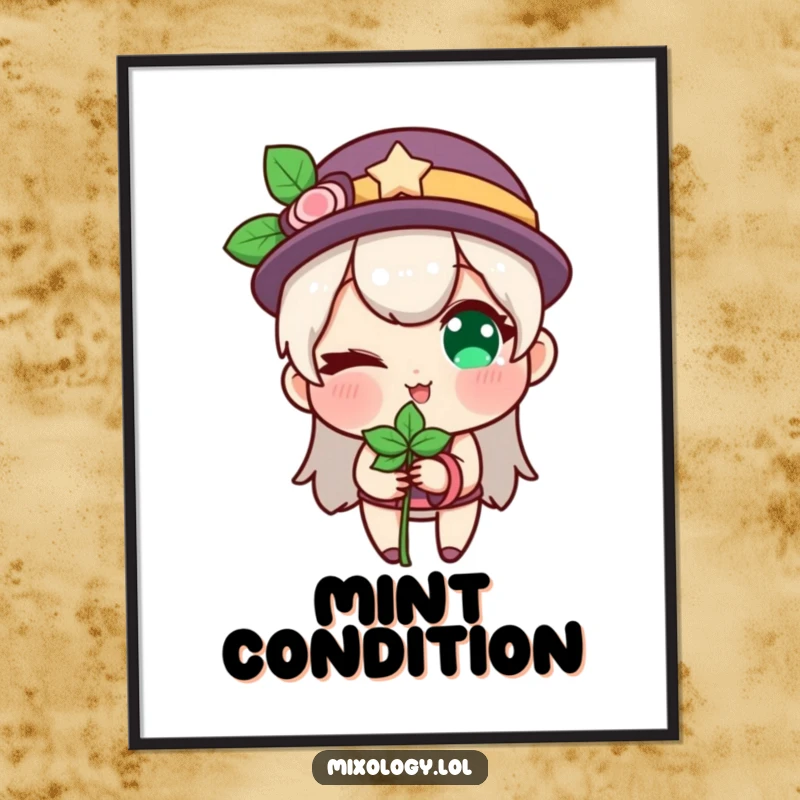 Funny poster art of a character winking mischievously while holding a fresh sprig of mint, exuding charm.