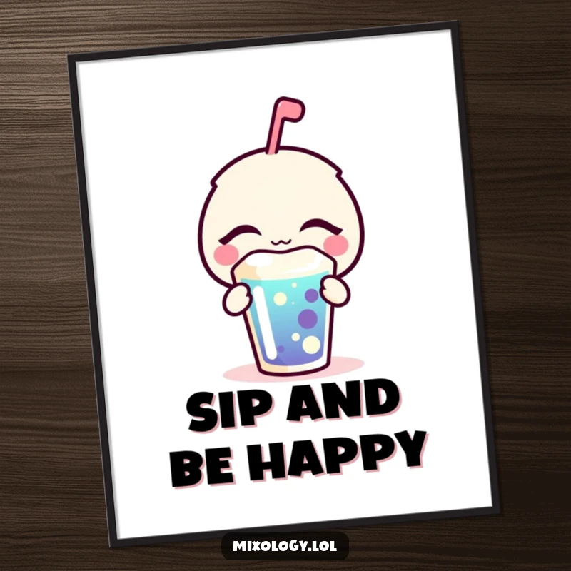 Funny Poster of a bubbly icon with eyes closed, enjoying a colorful drink with utmost bliss, perfect for a cheerful atmosphere.