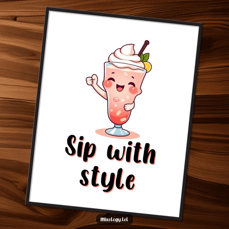 Funny poster of a character joyfully garnishing a drink with a playful flourish, celebrating the art of cocktails.