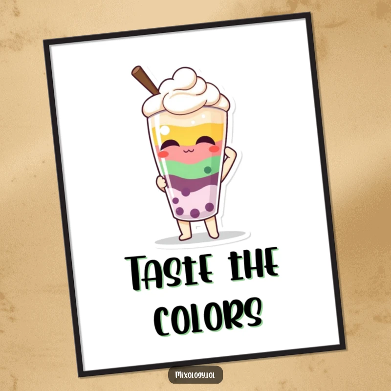 Funny poster of a character proudly presenting a colorful, layered beverage, celebrating the art of mixology and enjoyment.