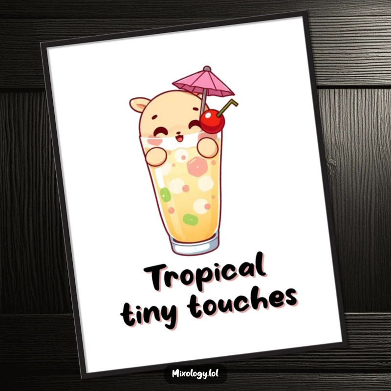 Funny poster of a curious character garnishing a drink with a tiny umbrella and cherry, ideal humorous decor for bars, kitchens, or dining areas.