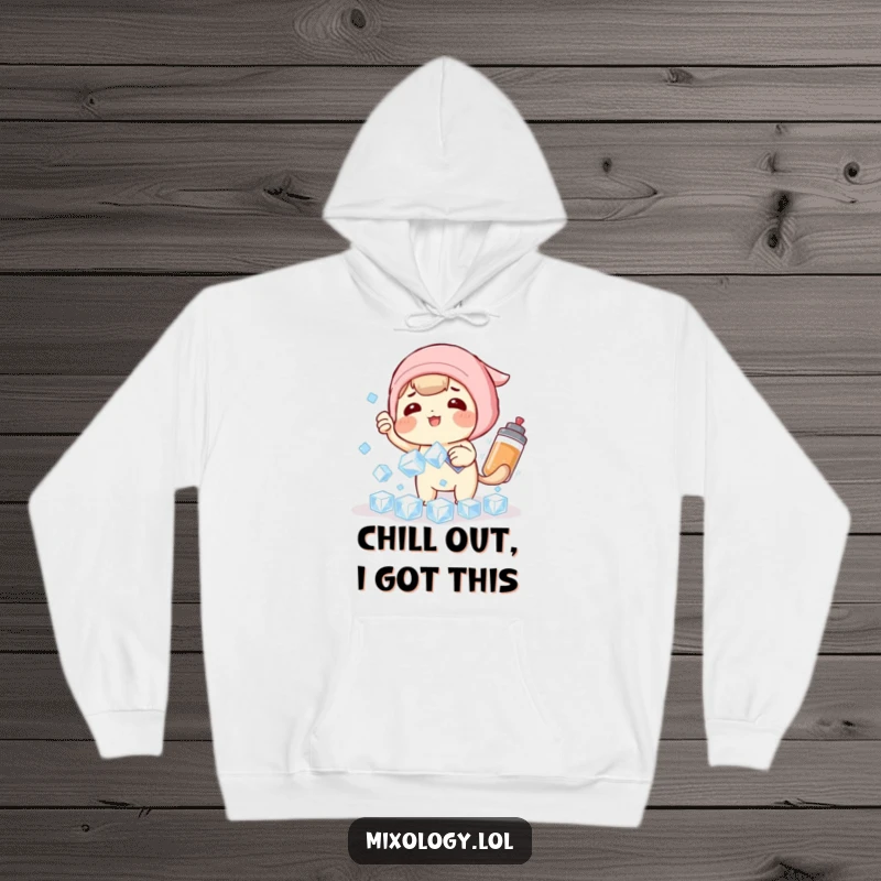 Funny Hoodie: A playful character comically struggles to catch falling ice cubes with a shaker, ideal for chilly fun.