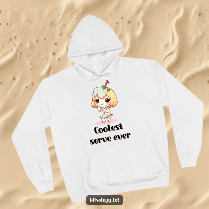 Funny Hoodie featuring a sweet little character presenting a perfectly chilled glass with a flourish, radiating coolness.