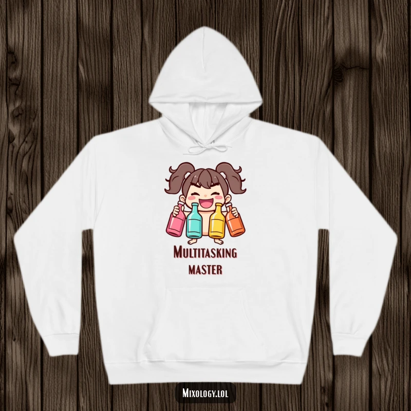 Funny hoodie with a joyful character mischievously juggling bottles, perfect for staying warm while embracing a playful, energetic lifestyle.