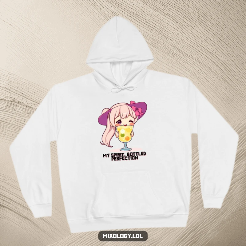 Funny Hoodie: Joyful character presenting a delicious cocktail with pride, perfect for cozying up and showcasing mixology skills, an excellent funny gift.