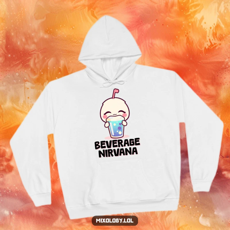 Funny Hoodie featuring a blissfully sipping bubbly icon with eyes closed, enjoying a colorful drink, perfect for cozy relaxation.
