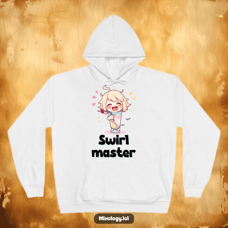 Funny delighted character hoodie showing a character swirling a drink with immense joy.