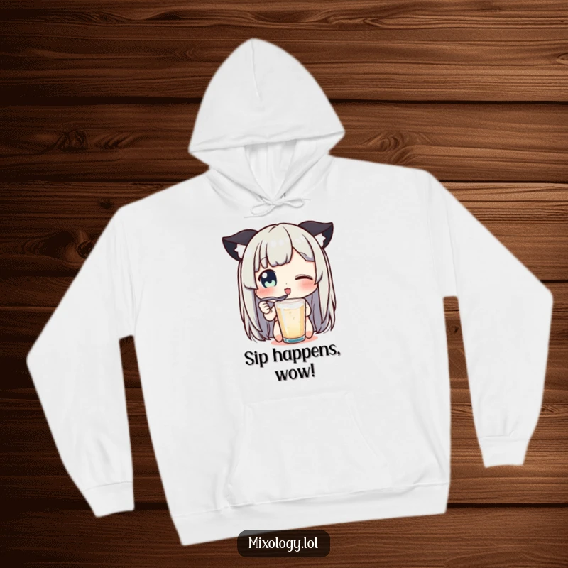 Funny hoodie depicting a character's wide-eyed delight tasting a drink with a tiny spoon, a warming funny gift.