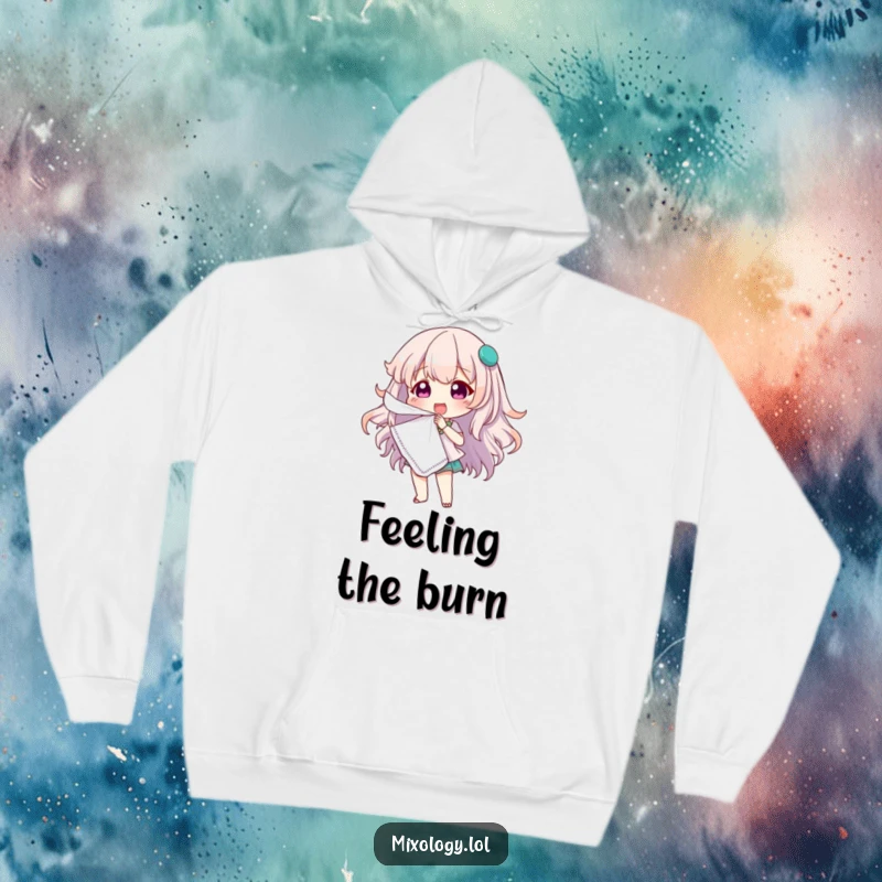 Funny hoodie depicting a cute character dramatically fanning themselves with a cocktail napkin, perfect for staying warm and amused.