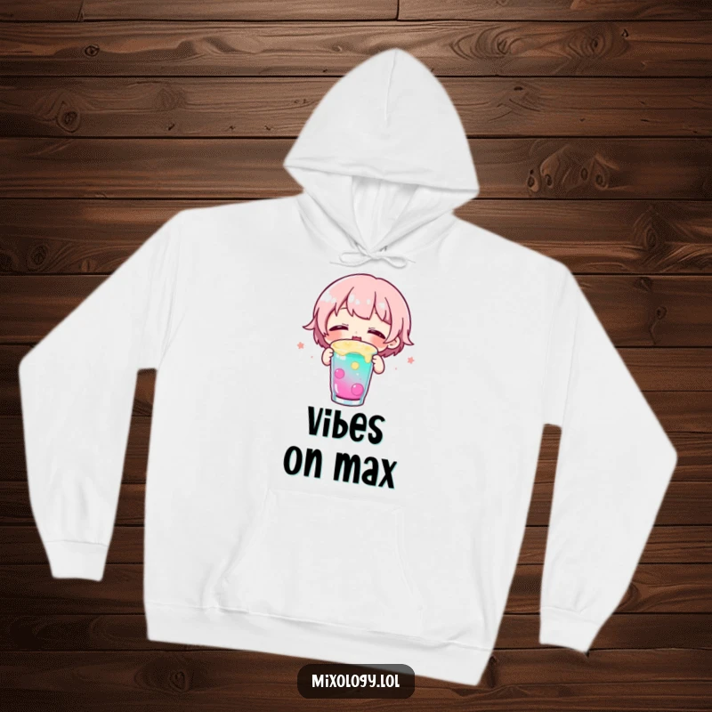 Funny hoodie displaying a small character happily sipping a colorful drink with eyes blissfully closed, embodying pure joy and relaxation.