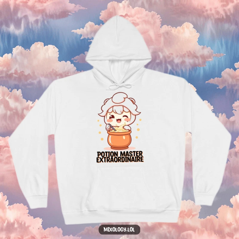 Funny hoodie showcasing a delighted kawaii character mixing a bubbling potion, perfect for fans of magical brews.