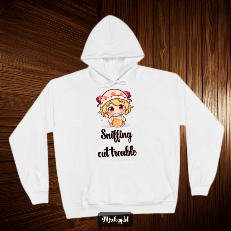 Funny Hoodie with a character curiously sniffing a new concoction, emphasizing intrigue and a humorous, inquisitive nature.