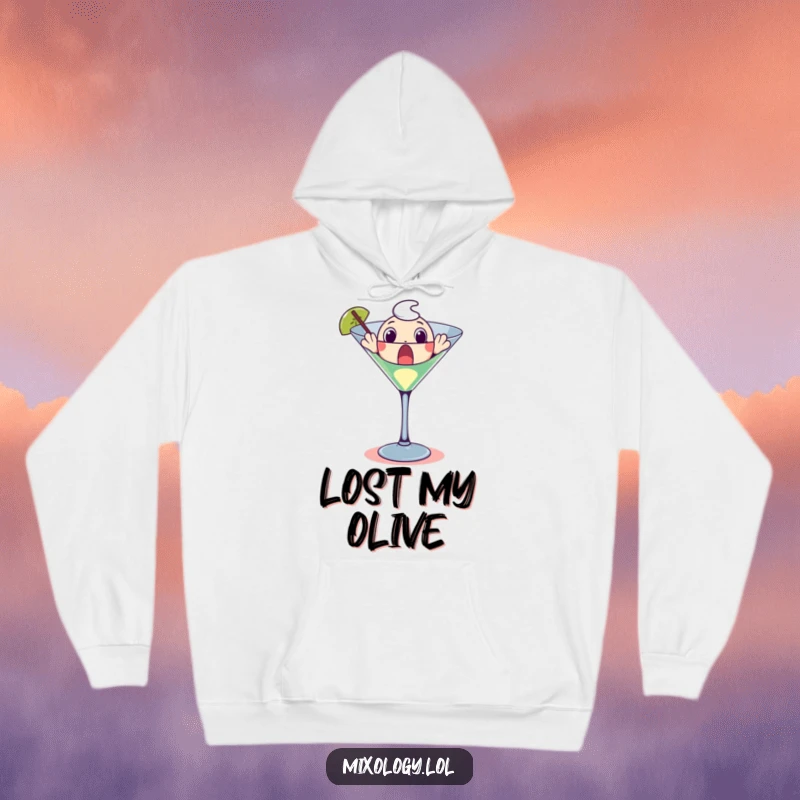 Funny hoodie design featuring a surprised character emerging awkwardly from a giant martini glass, perfect for cozy nights.