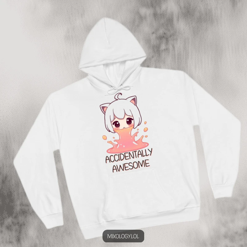 Funny Spill Hoodie: A character in a hoodie gasps in surprise while accidentally tipping over colorful liquid.