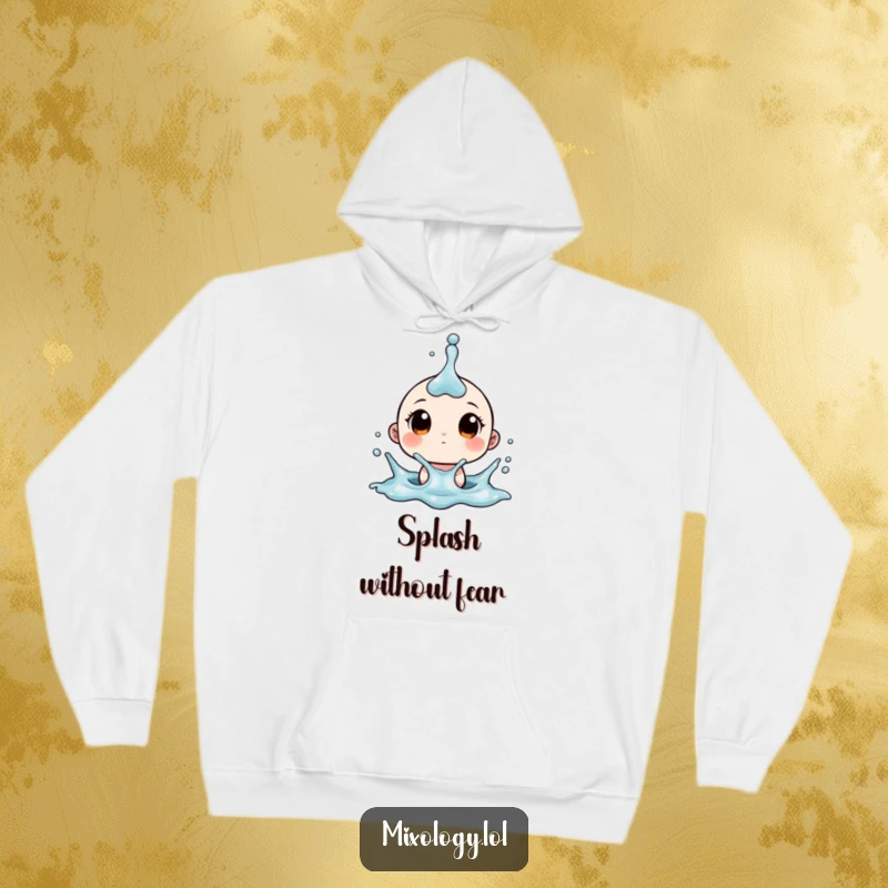 Funny hoodie featuring a tiny character with wide eyes amidst an upward splash, perfect for those who love playful surprises.