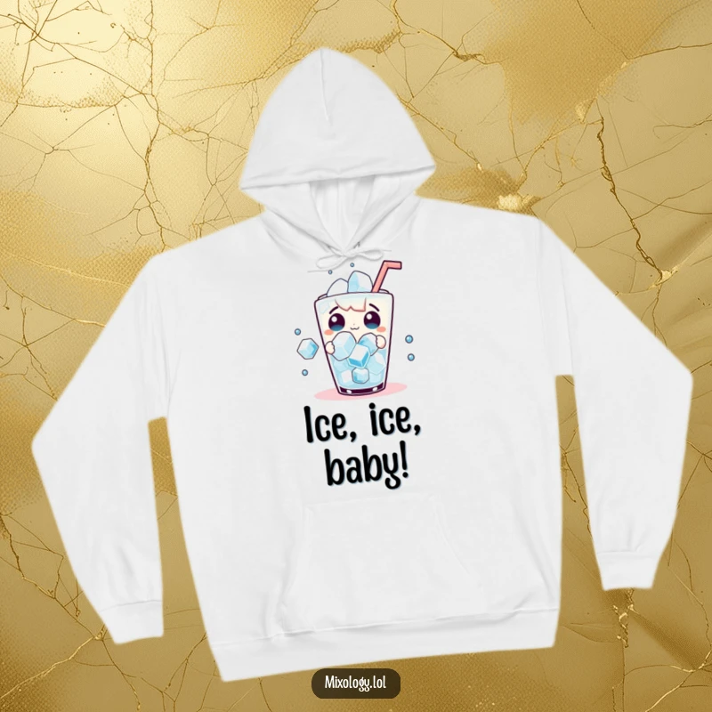 Funny Hoodie: Surprised character observing ice cubes dancing in their drink, offering cozy humor.