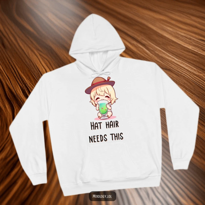 Funny Hoodie featuring a charming figure wearing a tiny hat, enjoying a colorful drink with a contented smile.