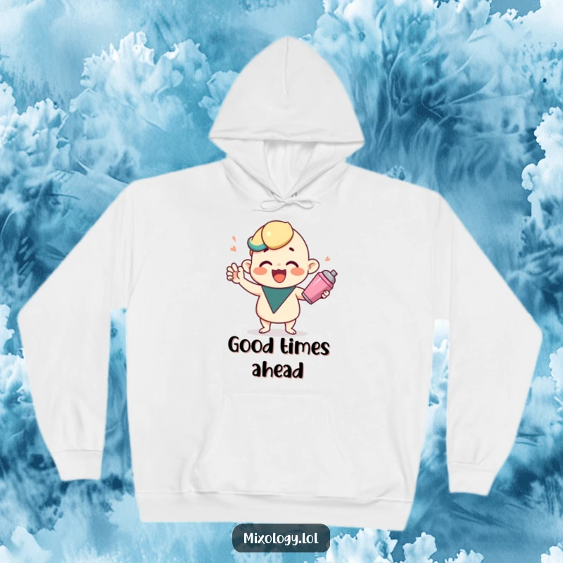 Funny hoodie with a cute character shaking a cocktail shaker, providing warmth and joyful party humor.