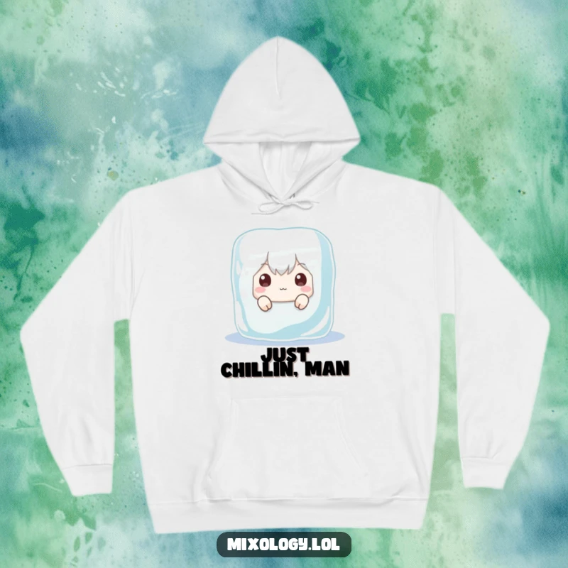 Funny hoodie showing a character comically using a large ice cube as a hiding spot, peeking out with wide, curious eyes.