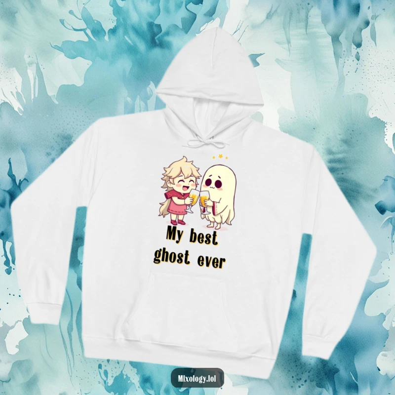 Funny character clinking phantom glasses with a spectral friend, printed on a warm, comfortable hoodie.