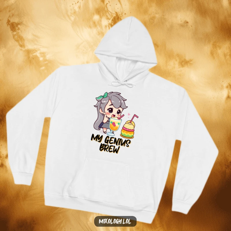 Funny hoodie depicting a character giving a proud, confident nod while admiring a colorful, possibly experimental, drink or mixture.