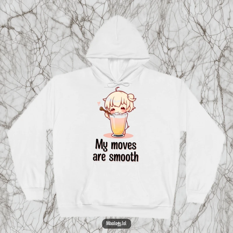 Funny character elegantly twirling a beverage with a long stirrer, designed for comfort and humor on a hoodie.