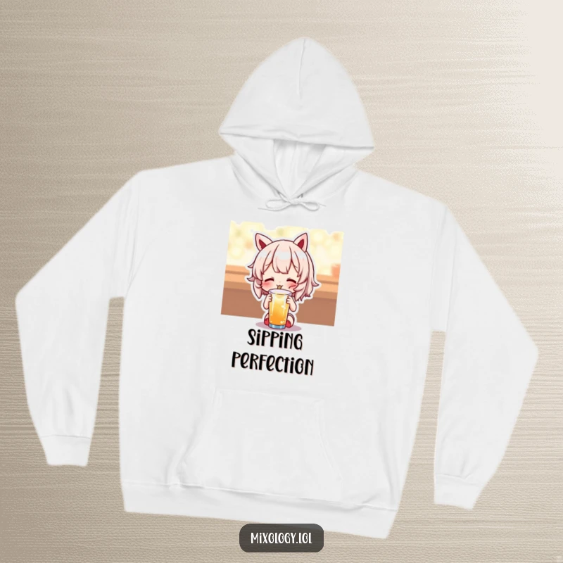 Funny hoodie showcasing a cute character with eyes closed in delight while tasting a drink, promoting cozy happiness.