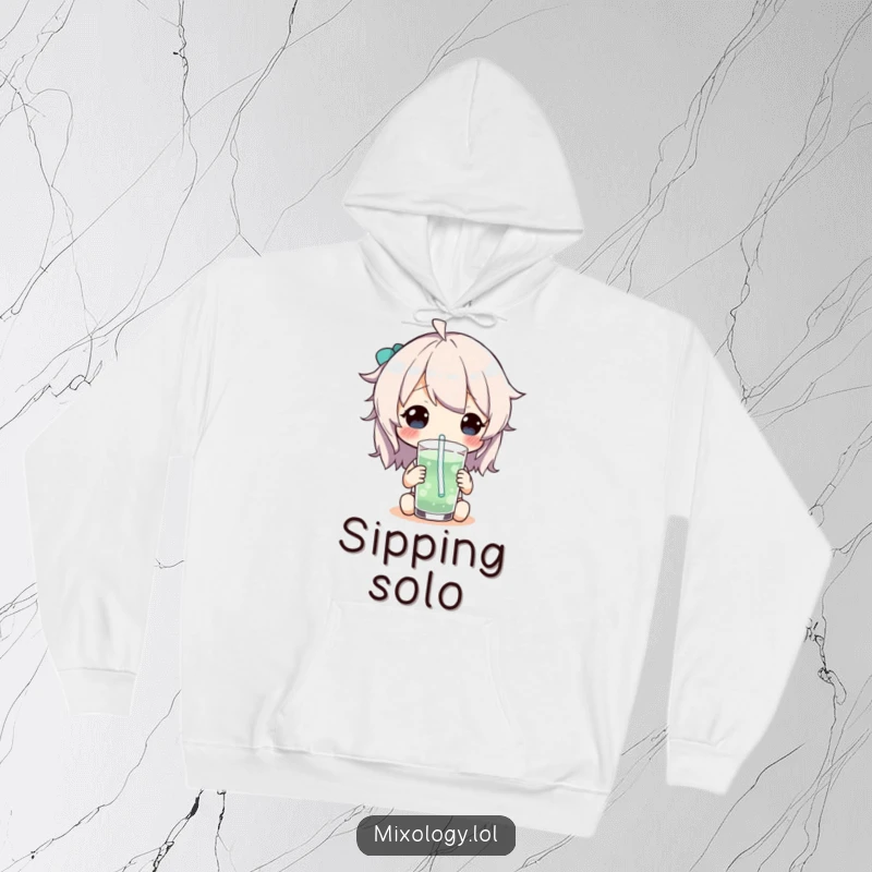 Funny Hoodie showcasing a character joyfully sipping a drink through an exaggerated, colorful whimsical straw, radiating fun vibes.
