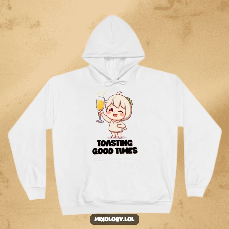 Funny Hoodie: Joyful character toasting with a sparkling drink, ideal for cozy celebrations.