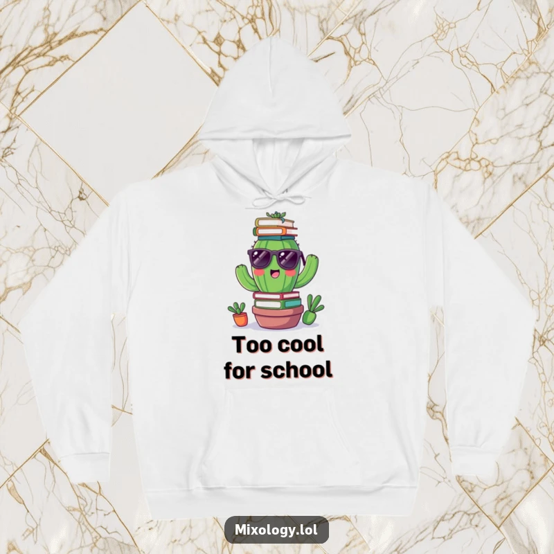 Funny hoodie featuring a cheerful cactus wearing tiny sunglasses, balancing books on its head, offering cozy and humorous style.