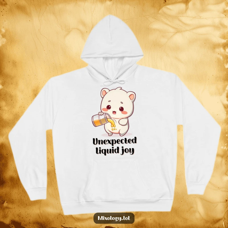 Funny Hoodie showcasing a sweet creature with a surprised expression while pouring liquid, adding a touch of cute chaos.