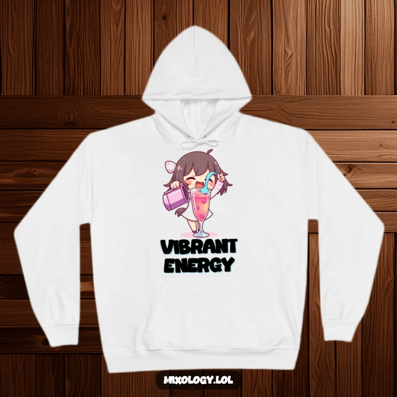 Funny hoodie featuring a character excitedly pouring a vibrant liquid into a tall glass, perfect for cozy, energetic vibes.