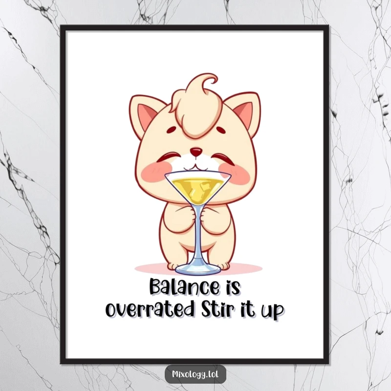 Funny Free Printable Wall Art: Character joyfully balancing a cocktail stirrer on their nose with adorable, clumsy delight and concentration.