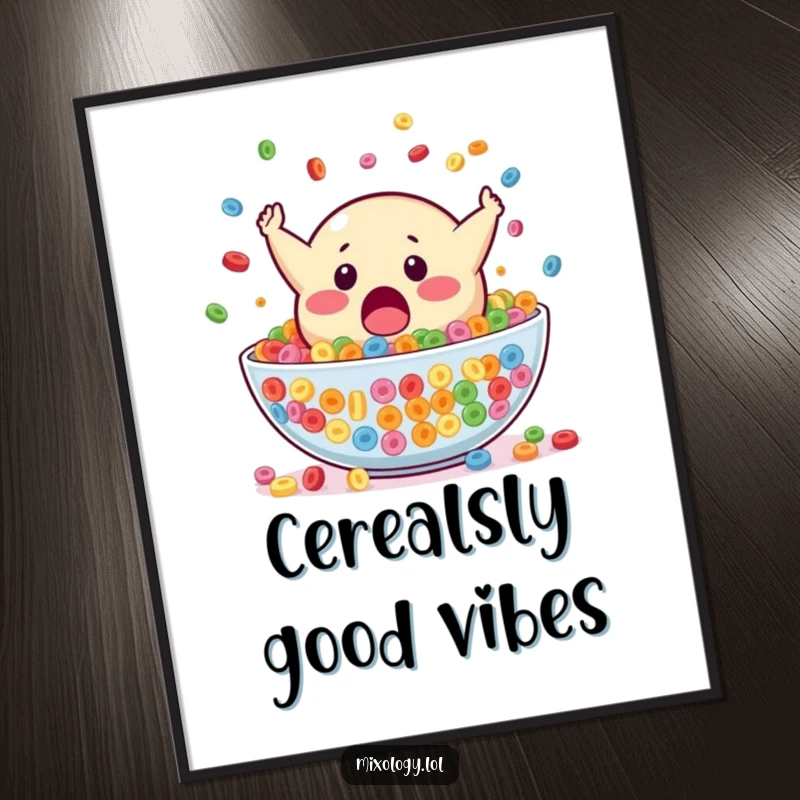 Funny Free Printable Wall Art: A surprised blob mascot is captured mid-fall, headfirst into a large bowl of colorful cereal.