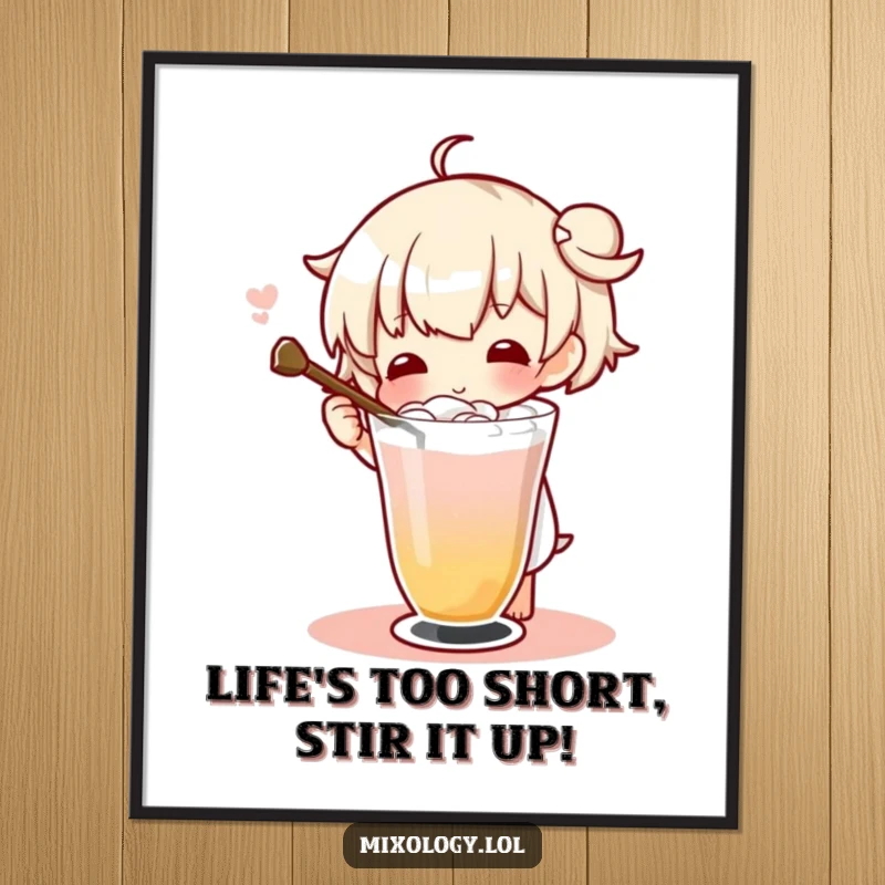 Funny Free Printable Wall Art: A character elegantly twirls a drink with a long stirrer, exuding sophistication.