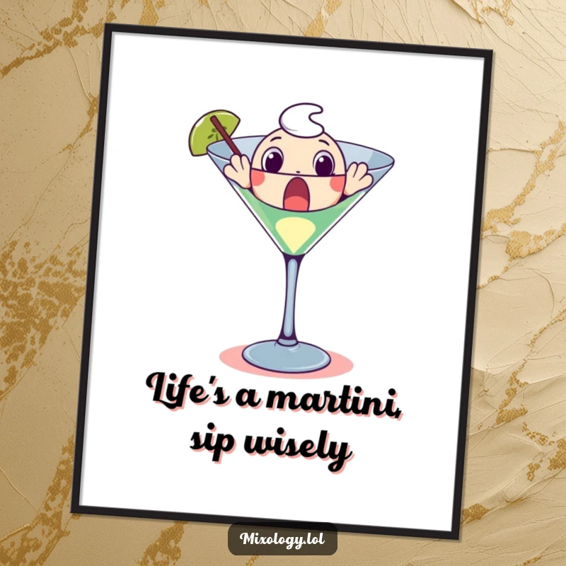 Funny free printable wall art: A cartoon character with wide eyes pops out of a massive martini glass, embodying a surprising moment.