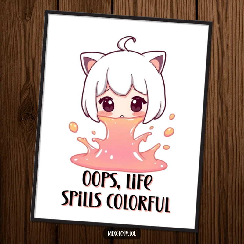 Funny Free Printable Wall Art: A character caught mid-gasp after a colorful liquid spill, a humorous piece.
