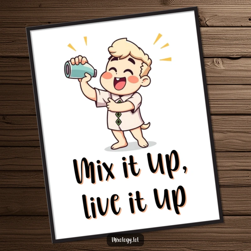 Funny Free Printable Wall Art: An enthusiastic character vigorously shaking a cocktail mixer, radiating joy and party spirit, downloadable decor.