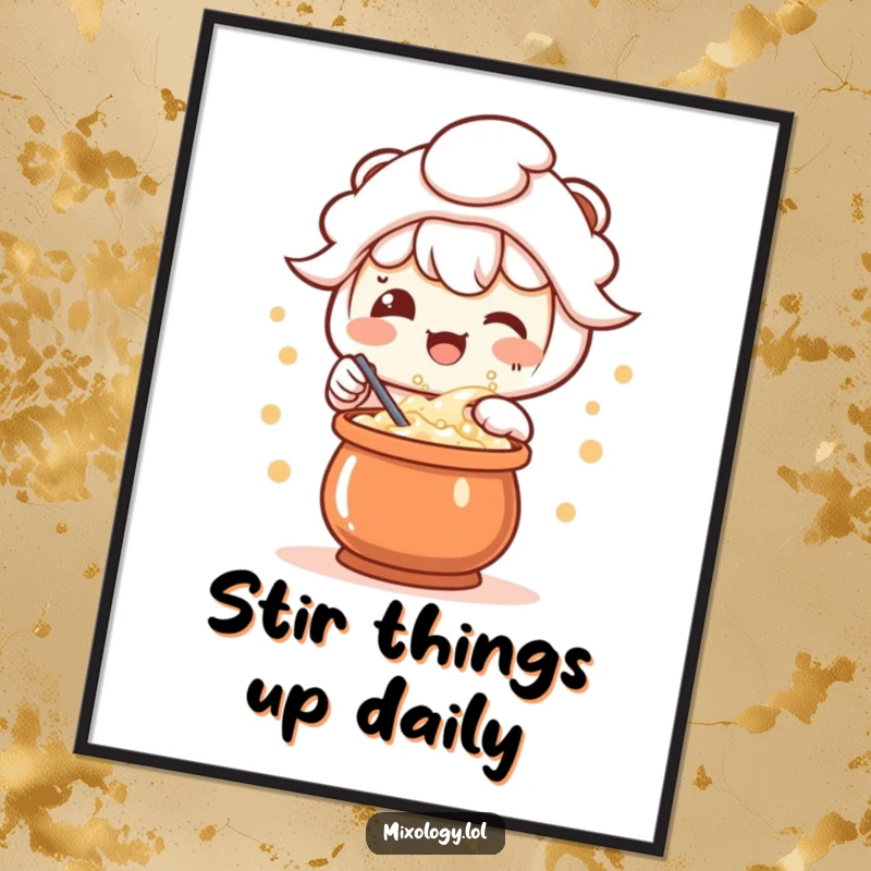 Funny Free Printable wall art of a kawaii character with a delighted expression, joyfully stirring a bubbling, magical concoction in a lab setting.