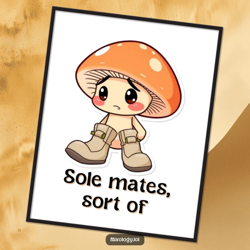 Funny Free Printable Wall Art: A confused mushroom character accidentally wearing one red boot and one blue boot.