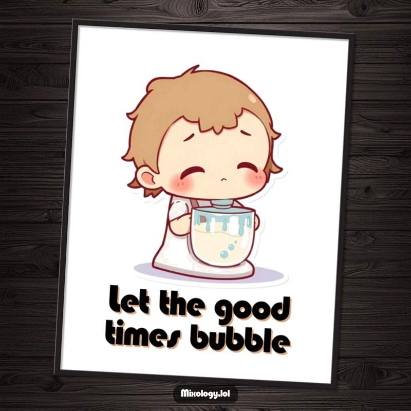 Funny Free Printable Wall Art: Curious character intensely gazing at a bubbling, frothing mixer, showcasing a captivating scientific spirit.