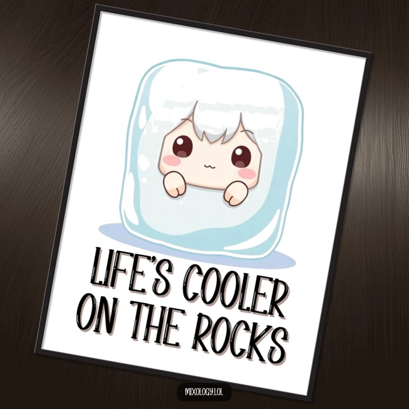 Funny Free Printable Wall Art: Cute character hiding behind a large ice cube, peeking out with enormous, funny wide eyes.