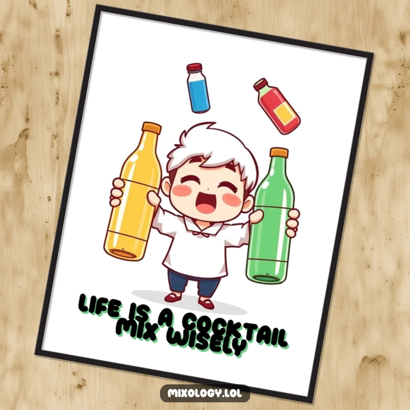 Funny Free Printable Wall Art: A surprised character expertly juggling three colorful bottles, adding a touch of whimsy.