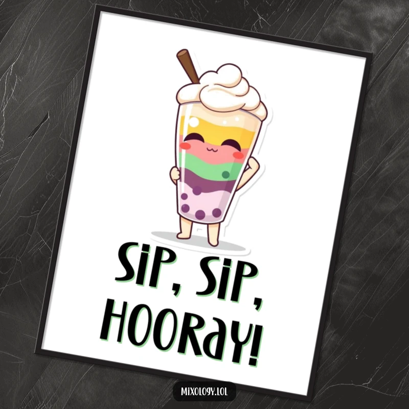 Funny Free Printable Wall Art: Character proudly presenting a colorful layered drink, stylish and humorous downloadable art.